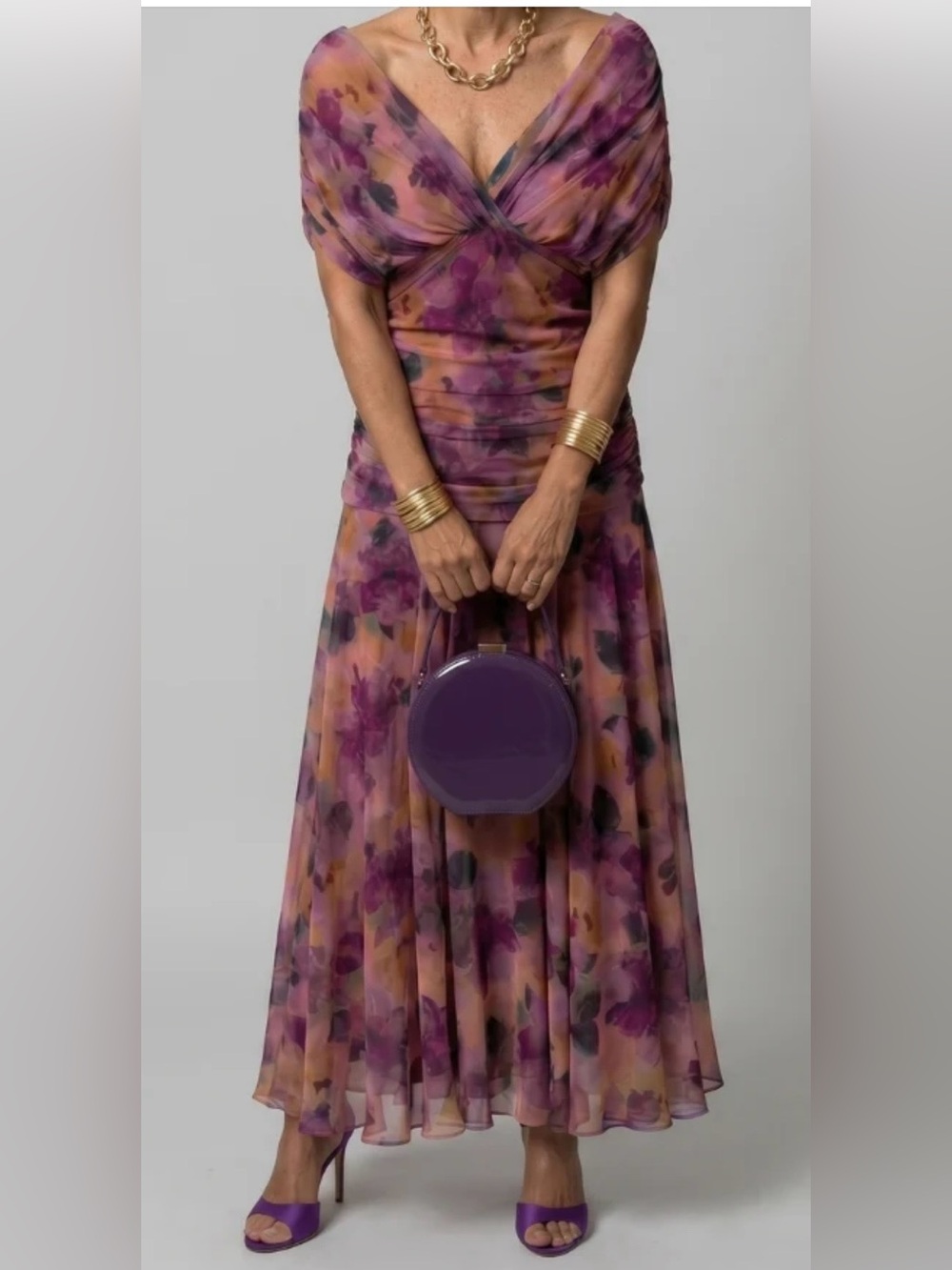 Pink Multi-Color V-Neck Ruched Midi Dress